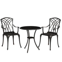 Outsunny 3 Pieces Garden Dining Set for 2, Cast Aluminium Outdoor Dining Set with 2 Armchairs and Round Dining Table with Parasol Hole, Garden Furniture Set, Bronze Tone(m-1)