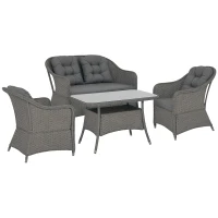 Outsunny Four-Piece Rattan Set, with Glass-Top Table - Light Grey(m-1)