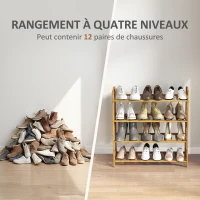 HOMCOM Étagère à chaussures en bambou à 4 niveaux porte-chaussures capacité 12 paires, 67,5 x 24,7 x 72 cm, effet bois naturel(m-5)