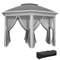 Outsunny 3 x 4m Garden Gazebo Hexagon Pop Up Gazebo Party Tent Canopy Double Roof Instant Shelter with Netting and Carry Bag for Outdoor Patio, Dark Grey(m-10)