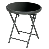 Outsunny Φ45cm Garden Side Table, Outdoor Round Folding Patio Table with Imitation Marble Glass Top, Small Coffee Table, Black(m-10)