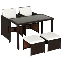 Outsunny 2 Seater Rattan Cube Garden Furniture Set, Rattan Dining Set with Cushions, Outdoor Dining Table and Chairs with 2 Armchairs, 2 Stools, Rectangular Glass Top Table for Patio, Balcony, Brown(m-10)