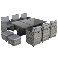 Outsunny 10 Seater Rattan Cube Garden Furniture Set with Parasol Hole, Rattan Dining Set with Cushions, Outdoor Dining Table and Chairs with Rectangular Glass Top Table for Patio, Mixed Grey(m-10)