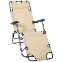 Outsunny 2 in 1 Folding Sun Lounger Reclining Garden Chair with 2-Level Adjustable Backrest, Outdoor Zero Gravity Recliner Garden Chair with Head Pillow and Armrests, Beige(m-1)