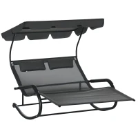 Outsunny Chaise longue double avec toit solaire appui-têtes bain de soleil à bascule ergonomique 2 roues 200 x 139 x 140 cm noir(m-10)