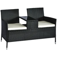 Outsunny 2 Seater Rattan Campanion Chair Wicker Loveseat Outdoor Patio Armchair with Drink Table Garden Furniture - Black(m-1)