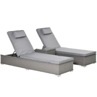 Outsunny 3 Pieces Rattan Sun Lounger Set with Aluminium Frame, 5-Position Adjustable Reclining Garden Chairs and Glass Top Table, Wicker Garden Furniture Daybed with Cushions for Patio, Grey(m-1)