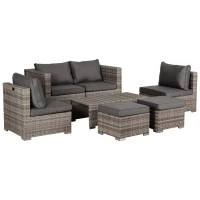 Outsunny 8 Pieces Rattan Garden Furniture Set, Garden Corner Sofa Set with 4 Chairs, 2 Footstools, 2 Coffee Tables and Cushions, Space-Saving Design, No Assembly Required, Grey(m-1)
