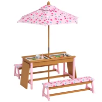 AIYAPLAY Kids Picnic Table Set with Removable & Foldable Umbrella, Cushions, Storage Boxes, Flamingo Theme, Pink(m-10)