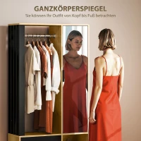HOMCOM Kleiderschrank mit Spiegel und Hängestange, Aufbewahrungsfächer, offene Ablageflächen, Naturholz, Schwarz(m-5)
