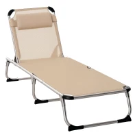 Outsunny Foldable Outdoor Sun Lounger, Reclining Lounge Chair Camping Bed Cot with Pillow 4-Level Adjustable Back Aluminium Frame, Khaki(m-10)