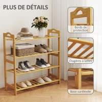 HOMCOM Étagère à chaussures en bambou à 4 niveaux porte-chaussures capacité 12 paires, 67,5 x 24,7 x 72 cm, effet bois naturel(m-6)