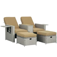 Outsunny 5PC PE Rattan Sun Lounger, Outdoor Wicker 5-level Adjustable Recliner Sofa Bed with Storage Side Table and Footstools, for Patio, Garden, Poolside, Beige(m-10)