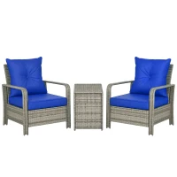 Outsunny Ensemble salon de jardin en résine tressée 3 pièces 2 fauteuils + table basse avec espace de rangement caché plateau ouvrable coussins fournis acier 50 x 40 x 54,5 cm gris et bleu(m-1)