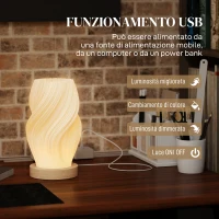 HOMCOM Lampada da Tavolo Ondulata a 3 Colori con presa USB, in ABS e Caucciù, Ø12x20 cm, Bianco e color Legno(m-6)