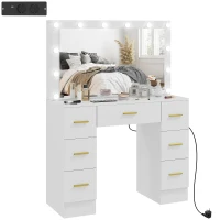 HOMCOM Coiffeuse avec Miroir et 12 Lumières LED, Table de Maquillage avec 7 Tiroirs, 6 Compartiments de Rangement Cachés, Panneau de Particules, Blanc(m-7)