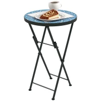 Outsunny Mesa Auxiliar Redonda Mesa de Jardim Dobrável com Bancada em Mosaico e Pés com Almofadas Antiderrapantes Ø35,5x55 cm Azul(m-10)