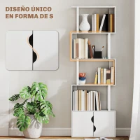 HOMCOM Librería de 5 Niveles en Forma de S con 5 Estantes y 2 Puertas para Sala de Estar Oficina 60x23,8x179,2 cm Blanco(m-5)