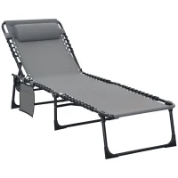 Outsunny Portable Sun Lounger, Folding Camping Bed Cot, Reclining Lounge Chair 5-position Adjustable Backrest with Side Pocket, Pillow for Patio Garden Beach Pool, Grey(m-10)
