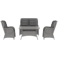 Outsunny Garden PE Rattan Dining Sofa Set, Outdoor 4 Seater Wicker Furniture, High Back Chairs with Cushions, Tempered Glass Coffee Table for Patio, Light Grey(m-1)
