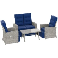 Outsunny 4 Piece Rattan Garden Furniture Set Outdoor Sofa Sectional Set with Glass Top Table for Poolside, Navy Blue(m-1)