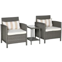 Outsunny 3 Pieces Rattan Bistro Set, Wicker Garden Furniture Set, Glass Top 2-tier Coffee Table and Chairs Set with Pillows and Washable Cushions for Outdoor, Patio, Balcony, Light Grey(m-1)
