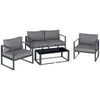 Outsunny 4 Pieces Garden Sofa Set 2 Single Armchair 1 Bench & Side Table Set Aluminium Frame Patio Furniture with Cushions Grey(m-10)