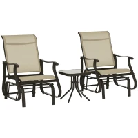 Outsunny Set of 3 Gliding Chair & Tea Table Set, Outdoor Rocker Set with 2 Armchairs, Tempered Glass Tabletop, Khaki(m-10)