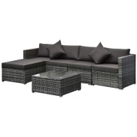 Outsunny 6 Pieces Rattan Garden Furniture Set, 5 Seater Sectional Garden Corner Sofa Set with Glass Top Coffee Table, Cushions and Pillows, All-Weather Wicker Conversation Furniture, Grey(m-1)