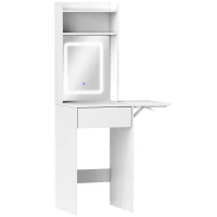 HOMCOM Coiffeuse Compacte avec Miroir et Éclairage LED, Plateau Pliable, Étagères Ouvertes, Tiroir, MDF, Blanc(m-7)