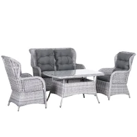 Outsunny Garden PE Rattan Dining Sofa Set, Outdoor 4 Seater Wicker Furniture, High Back Chairs with Cushions, Tempered Glass Coffee Table for Patio, Mixed Grey(m-1)