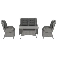 Outsunny Garden PE Rattan Dining Sofa Set, Outdoor 4 Seater Wicker Furniture, High Back Chairs with Cushions, Tempered Glass Coffee Table for Patio, Light Grey(m-10)
