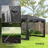 Outsunny Gazebo 4x3 m Pieghevole con Zanzariera e 2 Ingressi, in Metallo e PE, Grigio Scuro(m-6)