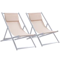 Outsunny Set of 2 Folding Garden Beach Aluminium Frame Deck Chairs Deckchairs Seaside Folding Garden Patio Lounger, Beige(m-1)