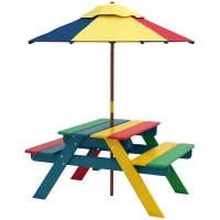 Outsunny Mesa de Picnic Infantil de Madera Mesa y 2 Bancos Infantiles con Sombrilla Extraíble 85,5x75x142,5 cm Multicolor(m-10)