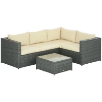 Outsunny 3 Pieces PE Rattan Garden Furniture Set with 10 cm Thick Cushions, 4 Seater Garden Corner Sofa Set with Glass Top Coffee Table, Outdoor Furniture for Patio, Porch, Beige(m-10)