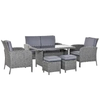 Outsunny 6 Pieces Rattan Garden Furniture Set, 6 Seater Garden Sofa Set with Glass Top Dining Table, Loveseat, 2 Armchairs and Ottomans, Wicker Outdoor Conservatory Furniture for Patio, Grey(m-1)