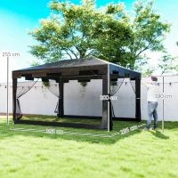 Outsunny Cenador Exterior 4x3 m con 4 Mosquiteras Laterales 2 Puertas con Cremallera y 6 Orificios de Drenaje Gris Oscuro(m-3)