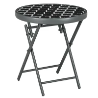 Outsunny Φ45cm Garden Side Table, Outdoor Round Folding Patio Table with Imitation Marble Glass Top, Small Coffee Table, Black and White(m-1)