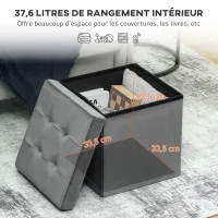 HOMCOM Pouf coffre rangement pliable, tabouret carré 37,6 L en tissu velours, charge 120 Kg, 38 x 38 x 38 cm, gris(m-4)