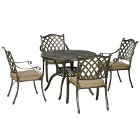 Outsunny 4 Seater Outdoor Dining Set Antique Cast Aluminium Garden Furniture Set with Cushions Round Dining Table with Parasol Hole, Bronze(m-1)