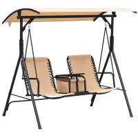 Outsunny Balancelle de Jardin 2 Places Table d'appoint pivotante + Rangement intégré Inclinaison Toit réglable Acier Noir Polyester Beige(m-1)