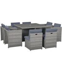 Outsunny 8 Seater Rattan Cube Garden Furniture Set with Parasol Hole, Rattan Dining Set with Cushions, Outdoor Dining Table and Chairs with Square Glass Top Table for Patio, Balcony, Mixed Grey(m-10)