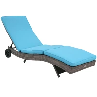 Outsunny Bain de soleil transat - dossier inclinable 5 positions roulettes - matelas déhoussable - résine tressée bleu et gris(m-10)