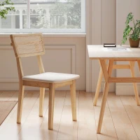HOMCOM Silla de Comedor Respaldo de Rattan Asiento de Piel Sintética Madera de Caucho Madera Natural(m-4)