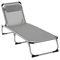 Outsunny Foldable Reclining Sun Lounger Lounge Chair Camping Bed Cot w/ Pillow 4-Level Adjustable Back Aluminium Frame Grey(m-10)