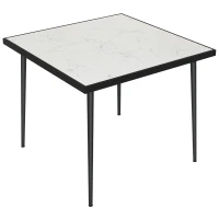 Outsunny Square Garden Table, Outdoor Dining Table for 4 with Marble Effect Tempered Glass Top and Steel Frame for Patio, White(m-10)