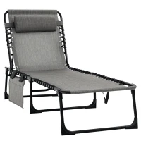 Outsunny Portable Sun Lounger, Folding Camping Bed Cot, Reclining Lounge Chair 5-position Adjustable Backrest with Side Pocket, Pillow for Patio Garden Beach Pool, Mixed Grey(m-10)