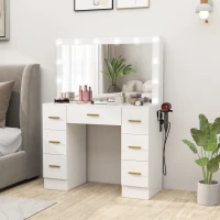 HOMCOM Coiffeuse avec Miroir et 12 Lumières LED, Table de Maquillage avec 7 Tiroirs, 6 Compartiments de Rangement Cachés, Panneau de Particules, Blanc(m-2)