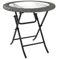 Outsunny Folding Rattan Garden Dining Table, 68 cm Round Rattan Garden Table with Water Ripple Tempered Glass Top, Wicker Edging  and Steel Frame for Outdoor, Patio, Grey